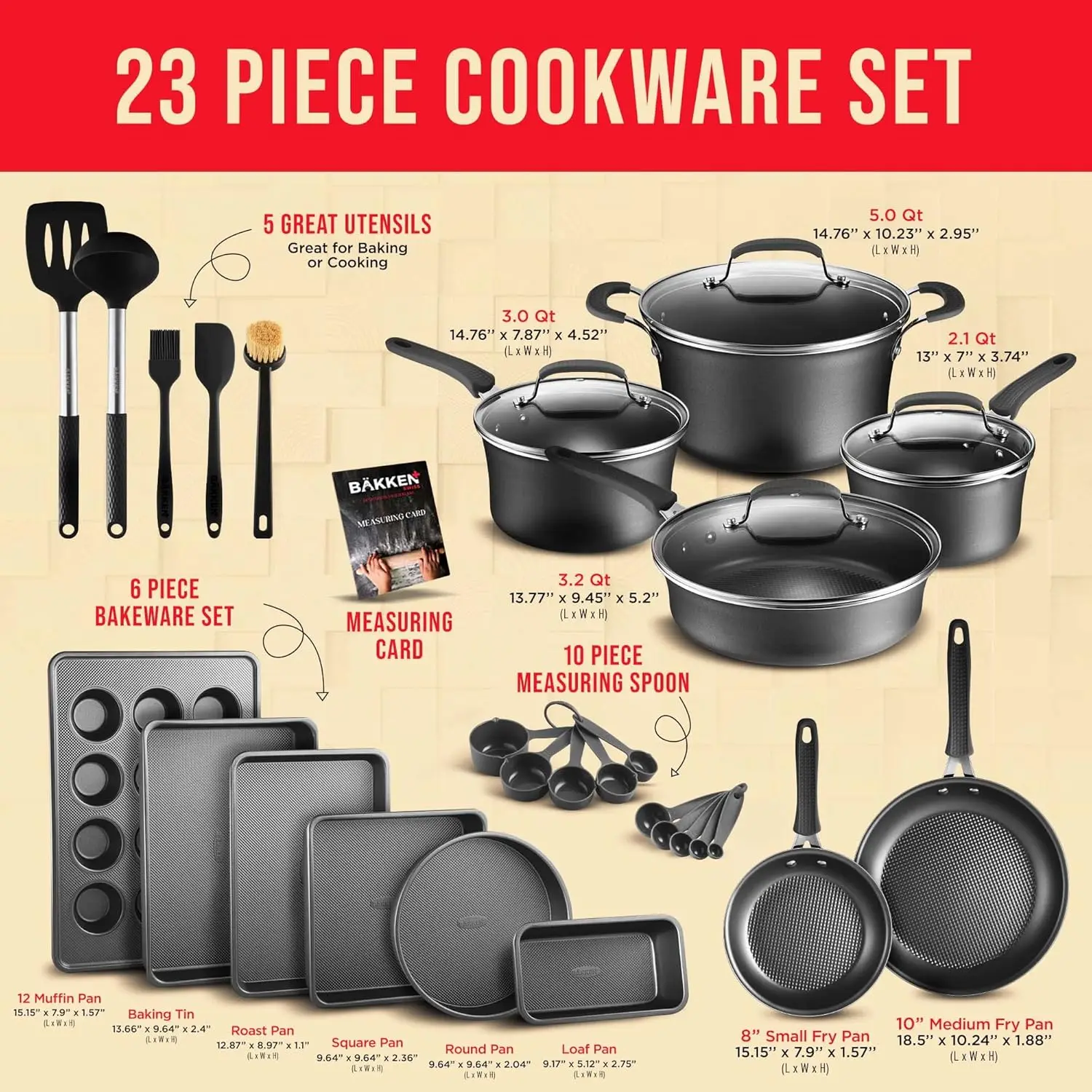 Set – 23 Piece –Black Multi-Sized Cooking Pots with Lids, Skillet Fry Pans and Bakeware – Reinforced Pressed Aluminum Metal