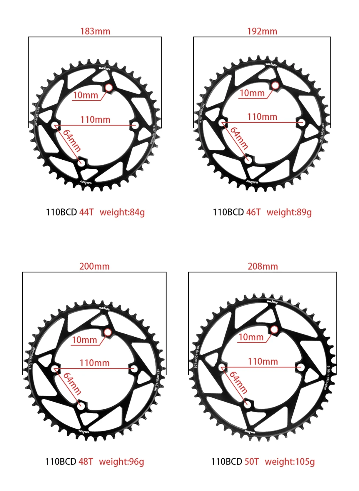 WUZEI Rennrad-Kettenblatt, 4 Schrauben, Kettenblatt, 110 BCD, Kettenrad, schmale breite Sterne, 110 BCD, Fahrradkrone für Shimano 105 R7000 R8000 – Detail 7