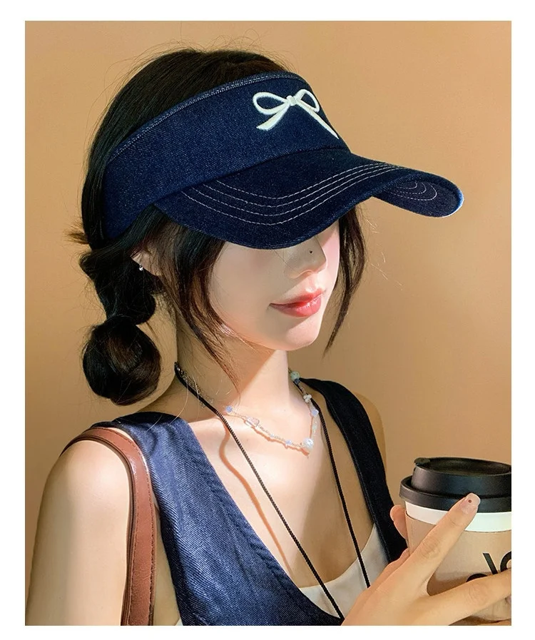Fashionable Denim Bow Embroidered Baseball Cap Women Breathable, Wide-Brimmed, Sun-Protective, Open-Top, Versatile