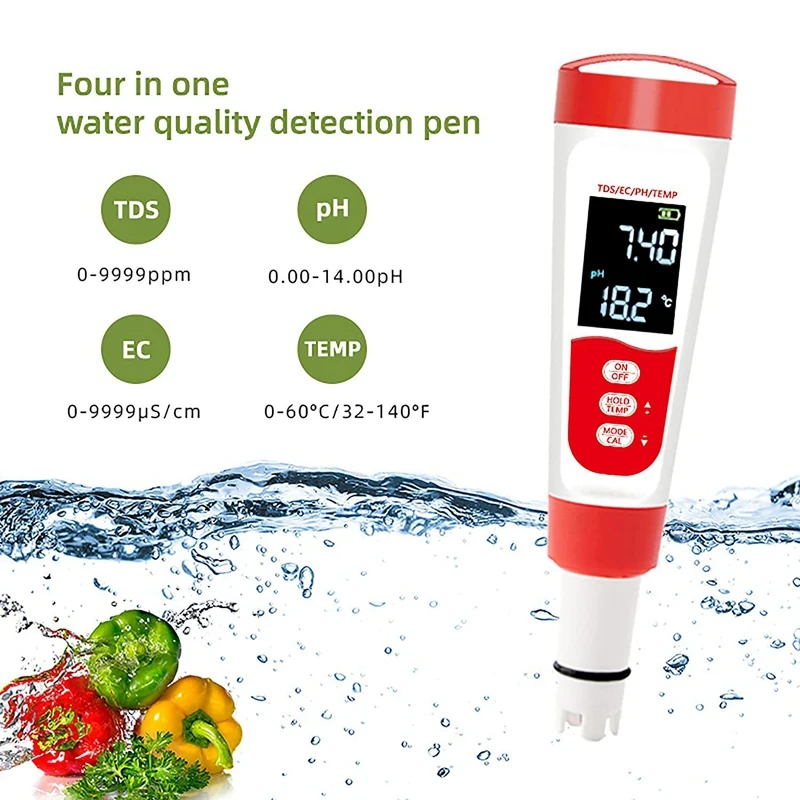 Water Tester Digital PH Meter With ATC, 4 In 1 PH/EC/TDS/Thermometer 0.01 Resolution High Precision Pen Tester