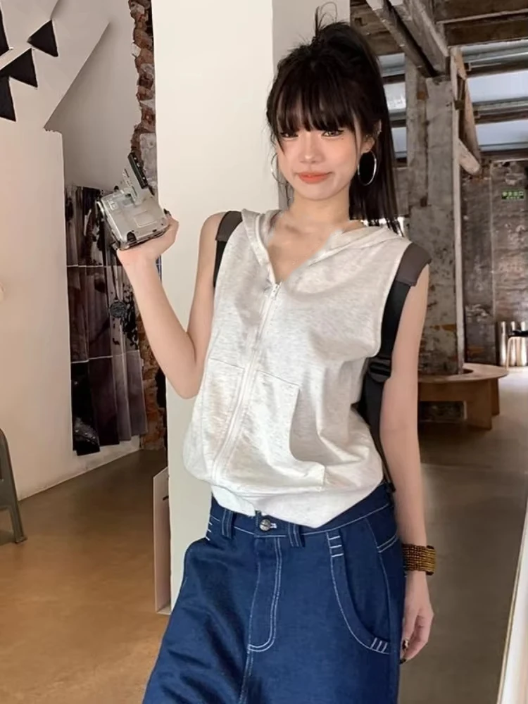 

Уличная одежда, летние толстовки без рукавов в стиле гранж, женские толстовки Y2k, эстетичная толстовка на молнии, винтажная повседневная свободная куртка с карманами в стиле Харадзюку