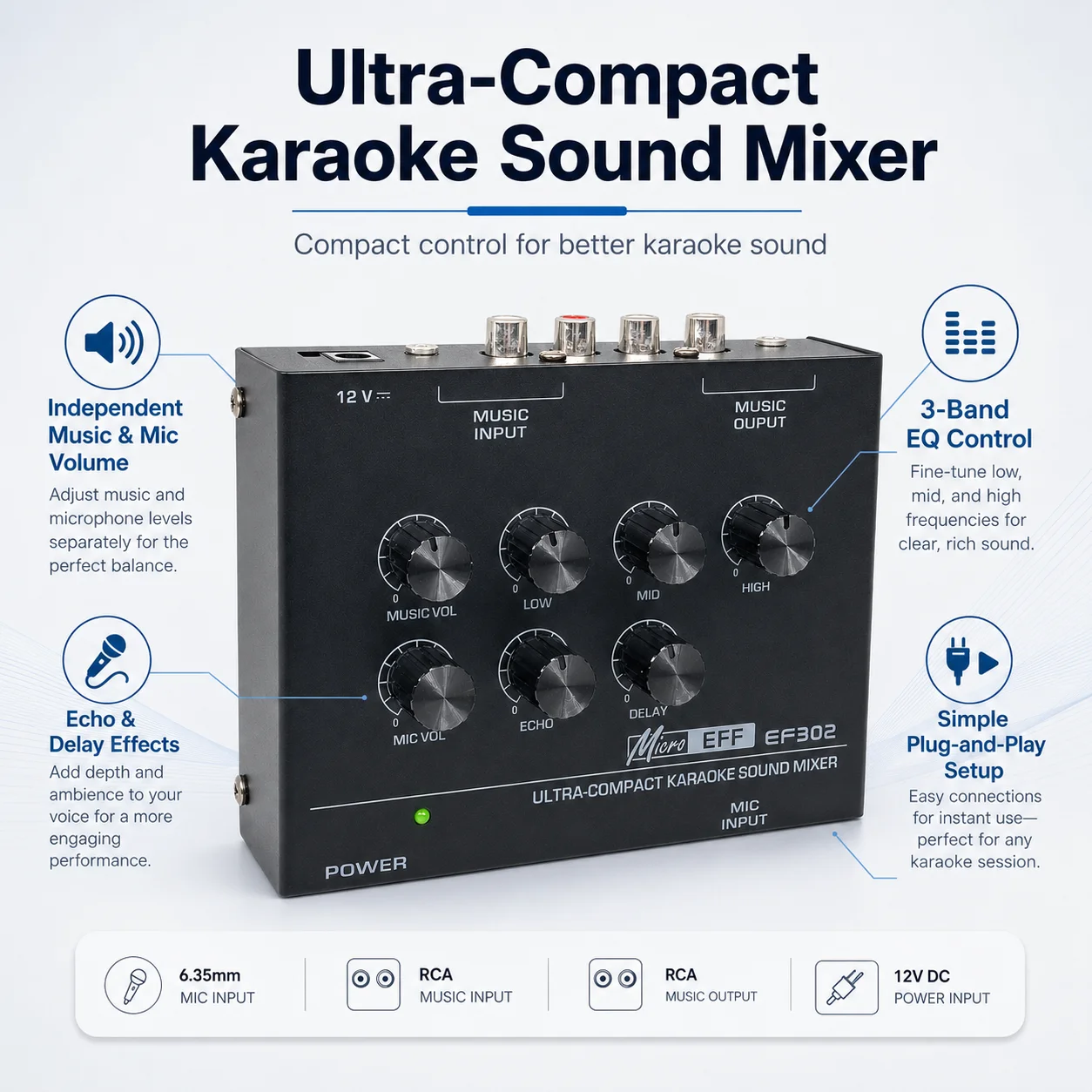 Audio Music Mixer - ミニカラオケオーディオミキサーEF302 7ノブ調整 エコー遅延 マイク音楽音量 低音・中音・高音EQコントロール ポータブルサウンドミキシングコンソール