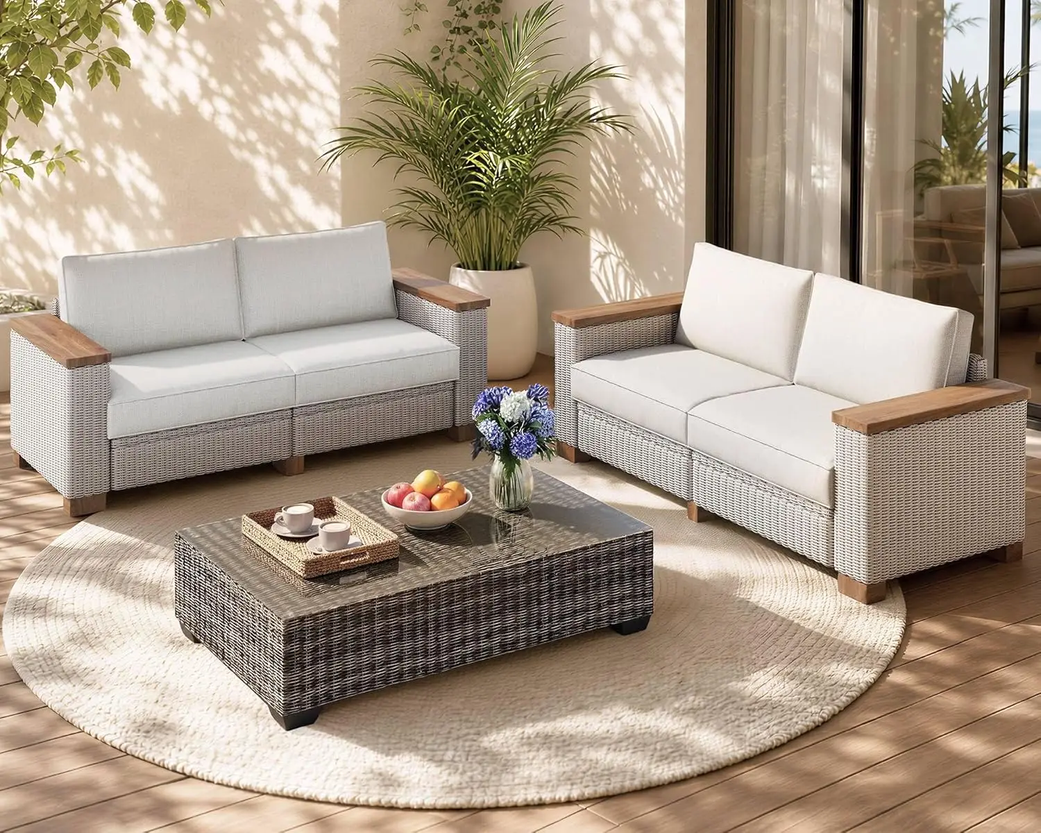

4-Piece Wicker Patio Furniture Set with Solid Wood Armrest, Outdoor Patio Set with Thick Legs, UV-Resistant Modular, Customized