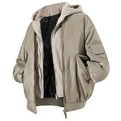 Winter Fashion Design Fake-Two Piece Parkas Men Patchwork Solid Color Hooded Warm Jacket Loose Thicken Outwear Windproof Parkas