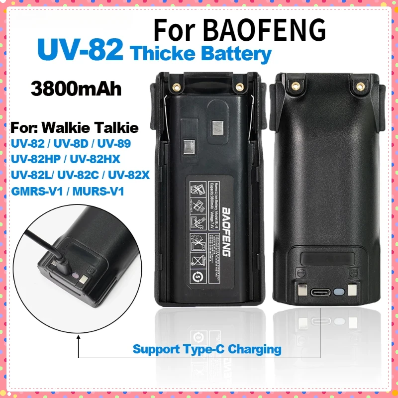 For BAOFENG Walkie Talkie UV-82 Thicke Battery 3800mAh For UV-8D UV-89 UV-82HP UV-82XP Two Way Radios Batteries Type-C Charging