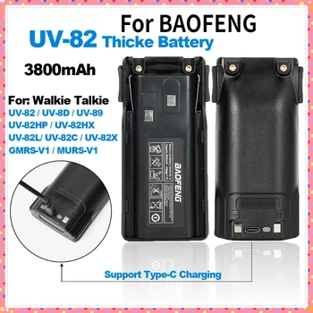 BAOFENG 워키토키 UV-82 두꺼운 배터리, UV-8D UV-89 UV-82HP UV-82XP 양방향 라디오 배터리, C 타입 충전, 3800mAh