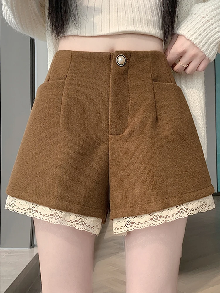 Elegant Faux Woolen Slim Shorts Women High Waist Lace Patchwork Sweet Sexy Shorts Fall Winter Vintage Pockets Female Mini Shorts