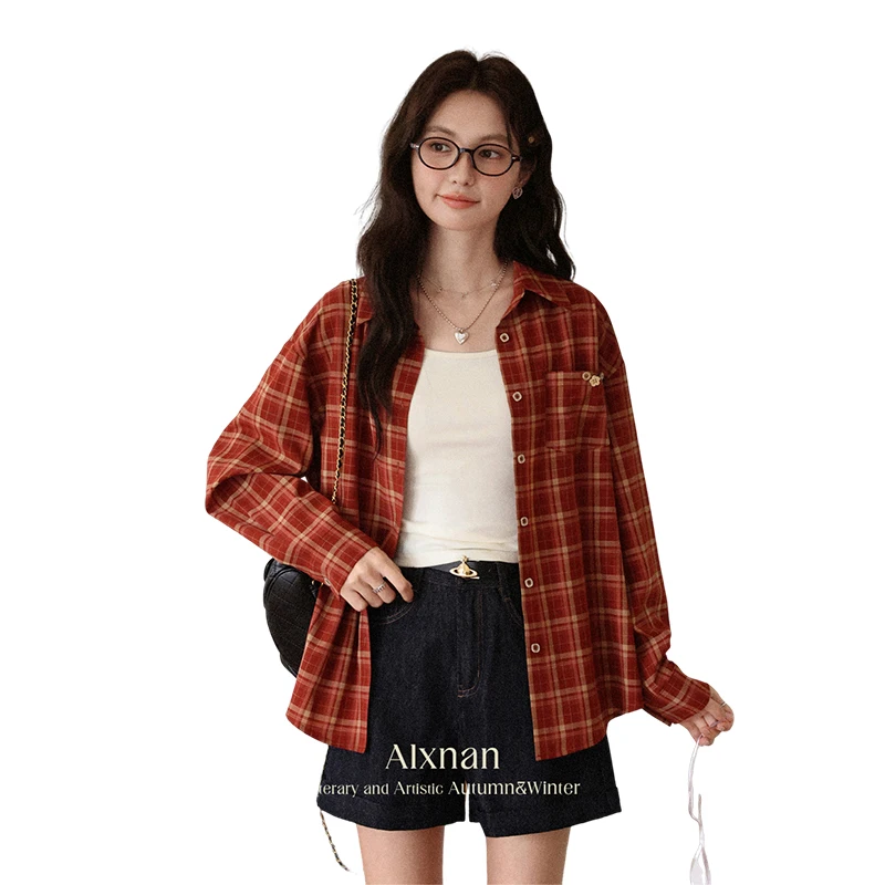 ALXNAN قميص منقوش خمر زهرة زر جيوب فضفاضة تناسب المرأة قمصان الخريف عادية تنوعا التنقل الإناث بلوزة L56836