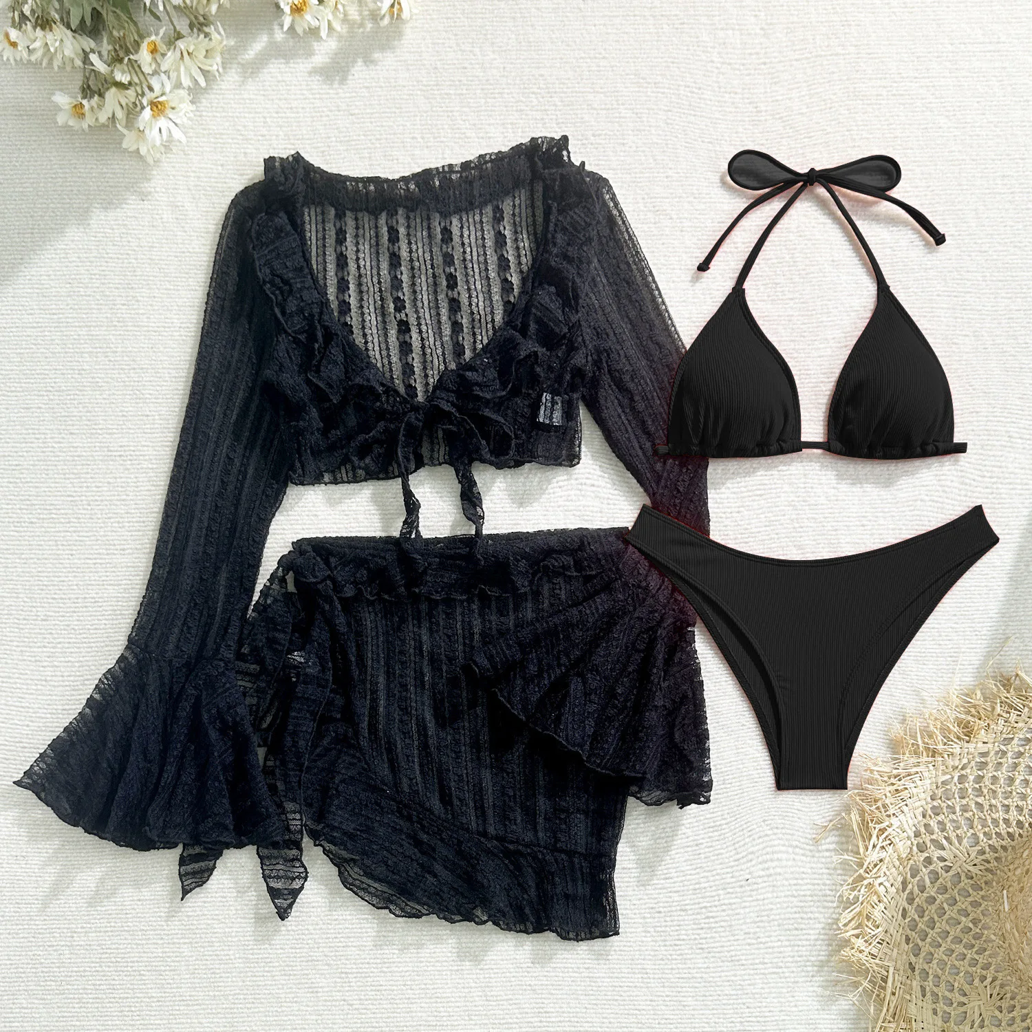 Vintage-Bademode für Damen, langärmelig, Rüschen, Überwurfrock, 4-teiliges Bikini-Set, 2025, Push-Up-Strand-Badeanzug, Badeanzug mit hoher Taille