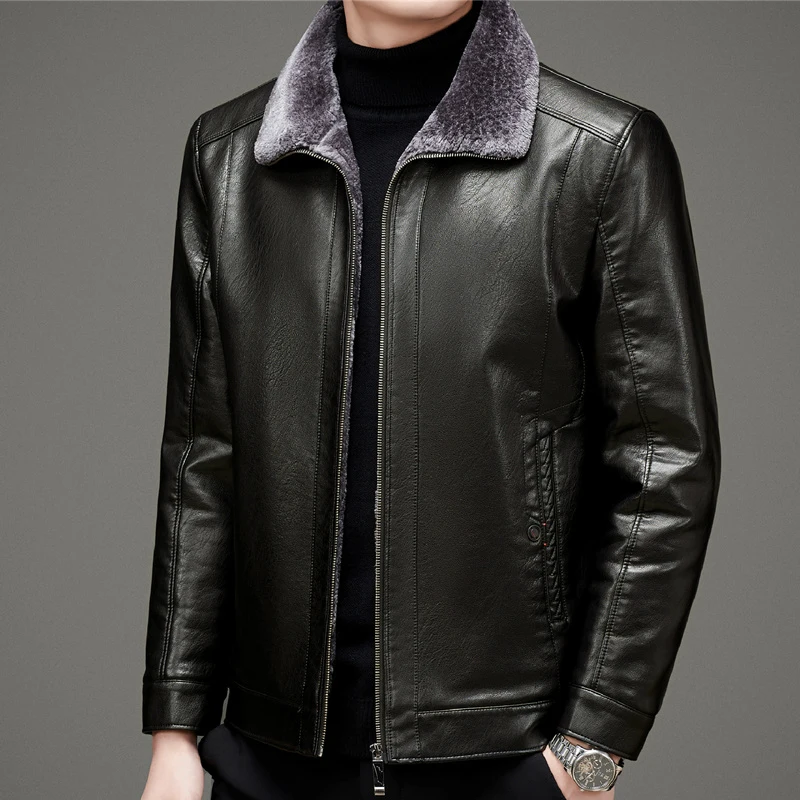 ZDT-8044 Winter Men\'s Genuine Leather Coat New Plush And Thickened Casual Fur One Piece Lapel Motorcycle Leather Jacket Coat