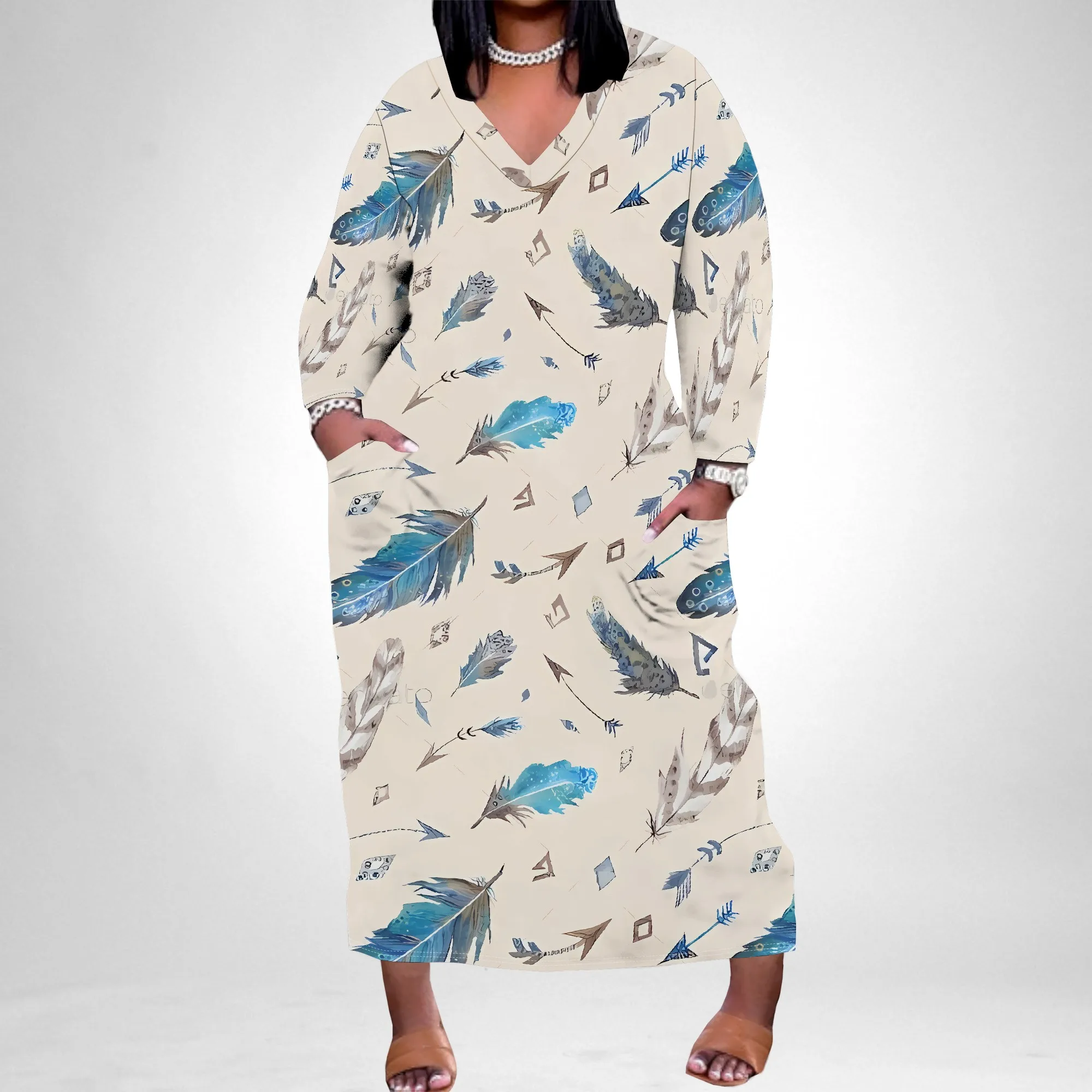 

EQQZD Long Sleeve V Neck Maxi Dress w/Pockets, Simple Feather Print Plus Size Dress, Summer Casual & Stylish Dress