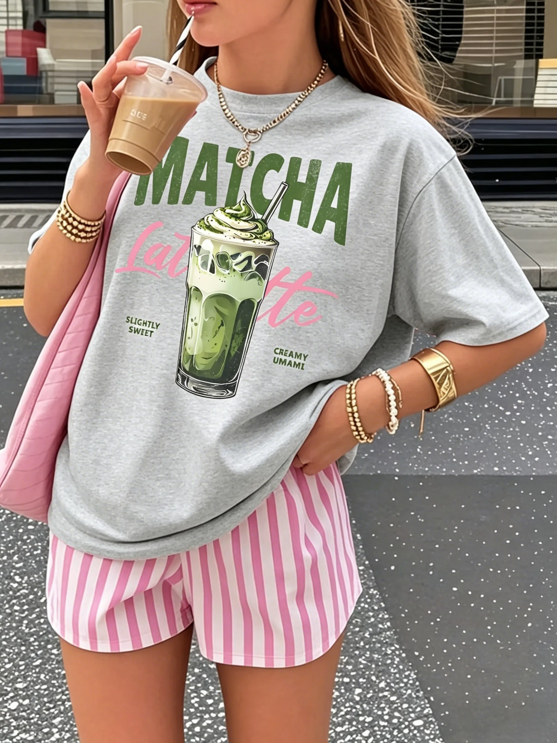 Matcha Latte Retro Iced Coffee Graphic Cotton T-shirt For Women Summer Short Sleeve Coffee Lover Tees Casual Couple Y2K Tops view 4