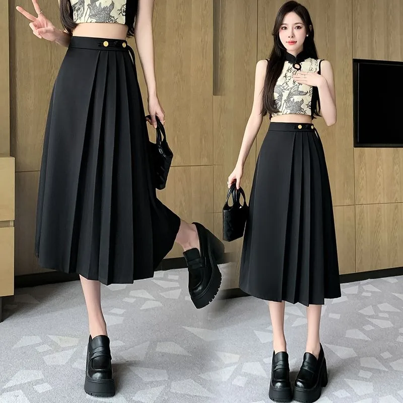 New Fashion Summer Women's Skirt Chinese Style Elegant Loose Retro High Waist Slim Solid Color Pleated Suit Skirts Office Lady