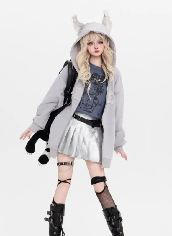 

Ruibbit New Arrival Punk Gothic Girls Cat Ears Hooded Sweater Women Autumn Winter Hoodie Sweatshirt Loose Grey Black Coat Jacket