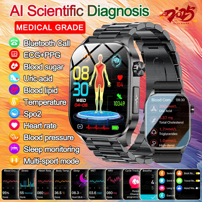 2025 Nuovo Glucosio Nel Sangue Salute Smartwatch Uomini ECG + PPG Pressione Sanguigna Lipidi Acido
