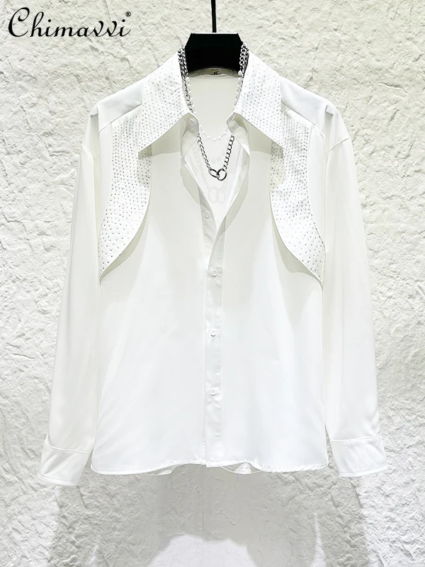 2025 Autumn New Fashion Light Luxury High-end Heavy Rhinestone Shirt Men's Unique Design Long Sleeve Loose Handsome Shirt Top