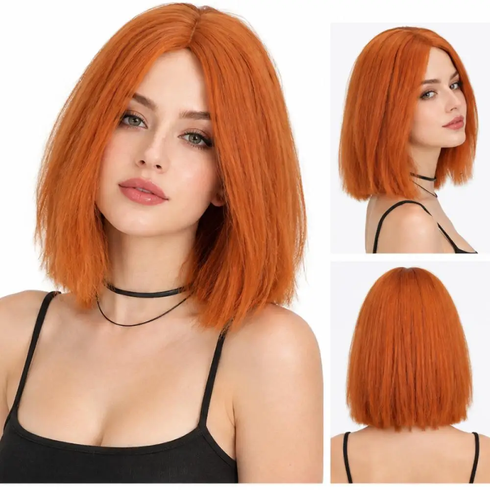 Orange Short Bob Wig Synthetic Hair for Women Straight Shoulder Length Middle Part Cosplay Party Daily Wear Everyday Life Style