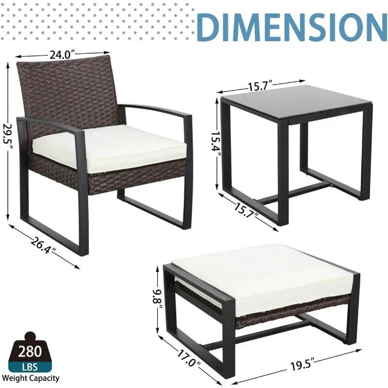 5 Pieces Patio Bistro Set, Outdoor Wicker Furniture Set Modern Rattan Patio Chairs with Side Table & Ottomans