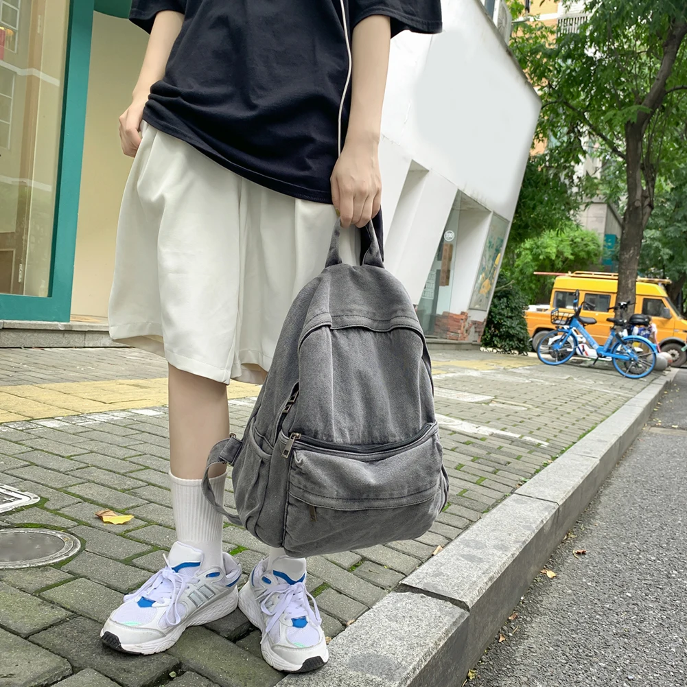 Denim Leisure Backpack Solid Students Fashion Schoolbags Large Capacity Zipper Vintage Backpack for Outing Hiking Shopping