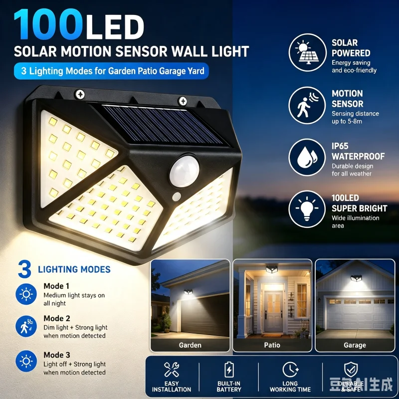 luz-de-parede-solar-com-sensor-de-movimento-100led-lampada-de-seguranca-a-prova-d'Agua-para-jardim-cerca-patio-garagem-e-entrada