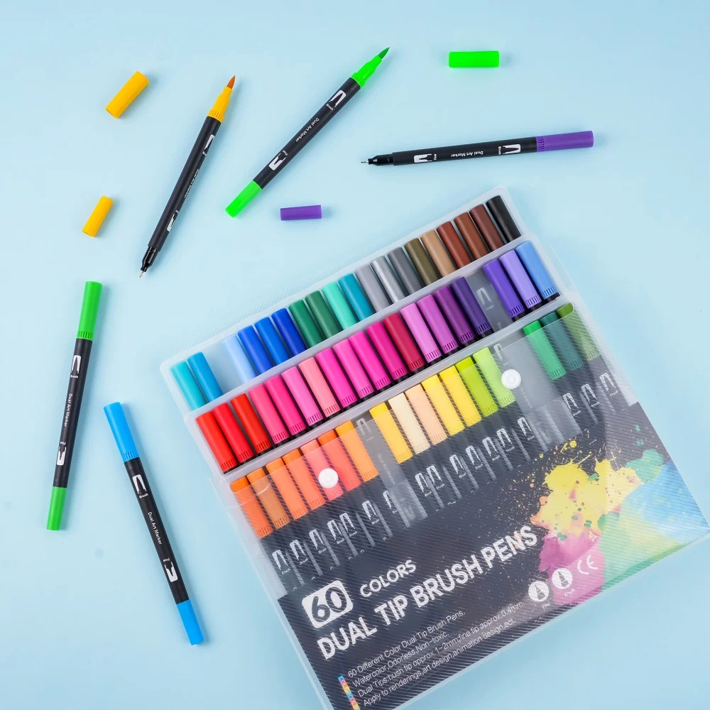 12-60 Farben Doppelspitzen-Marker mit Pinsel und Feinschreiber, Wasserbasierte Farbstifte, Kunstbedarf für Malbücher, Bullet Journal, Büro