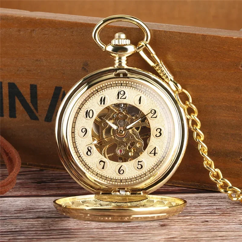 Luxury Golden Skeleton Hand-Wind Mechanical Pocket Watch for Men Women Fob Pendant Chain Clock with Arabic Number Display