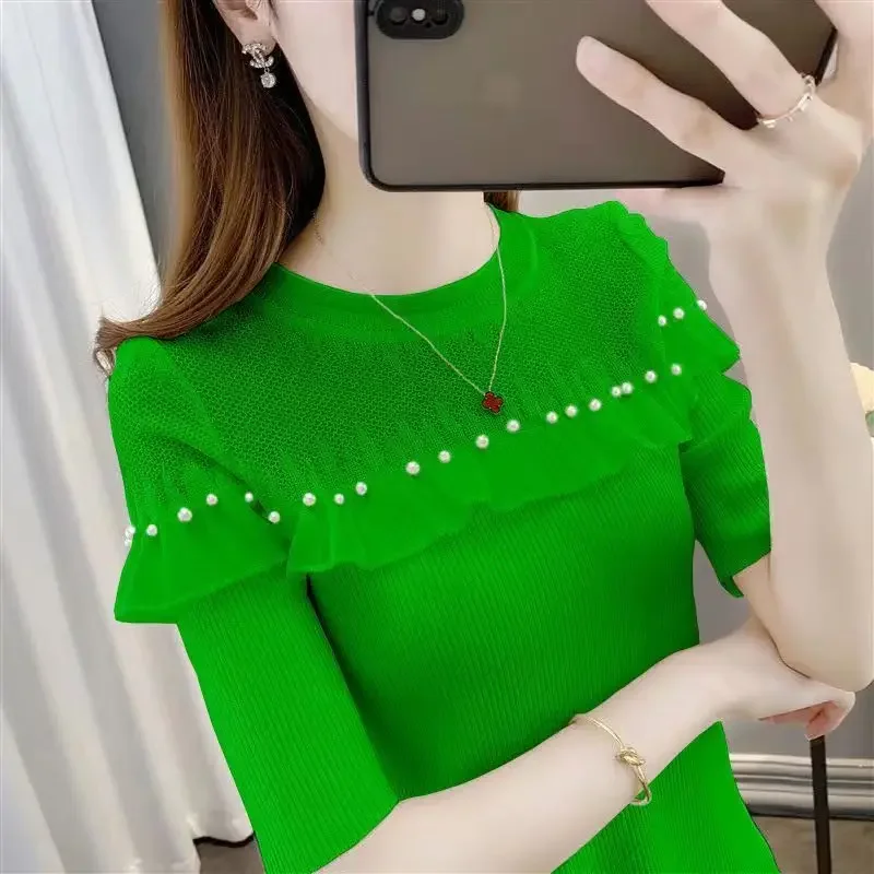 Elegant Solid Color Spliced Ruffles Beading Blouse Female Clothing Summer Casual Pullovers Tops Loose Office Lady Shirt V1651