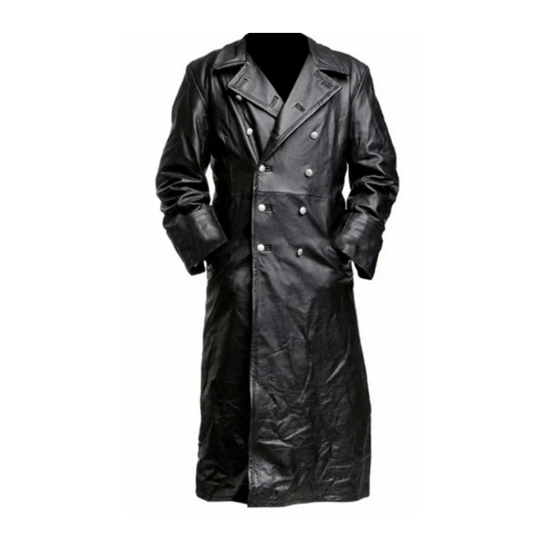 

Winter Oversized Long Men's Leather Windbreaker Double breasted Coat COS German Military Leather Coat