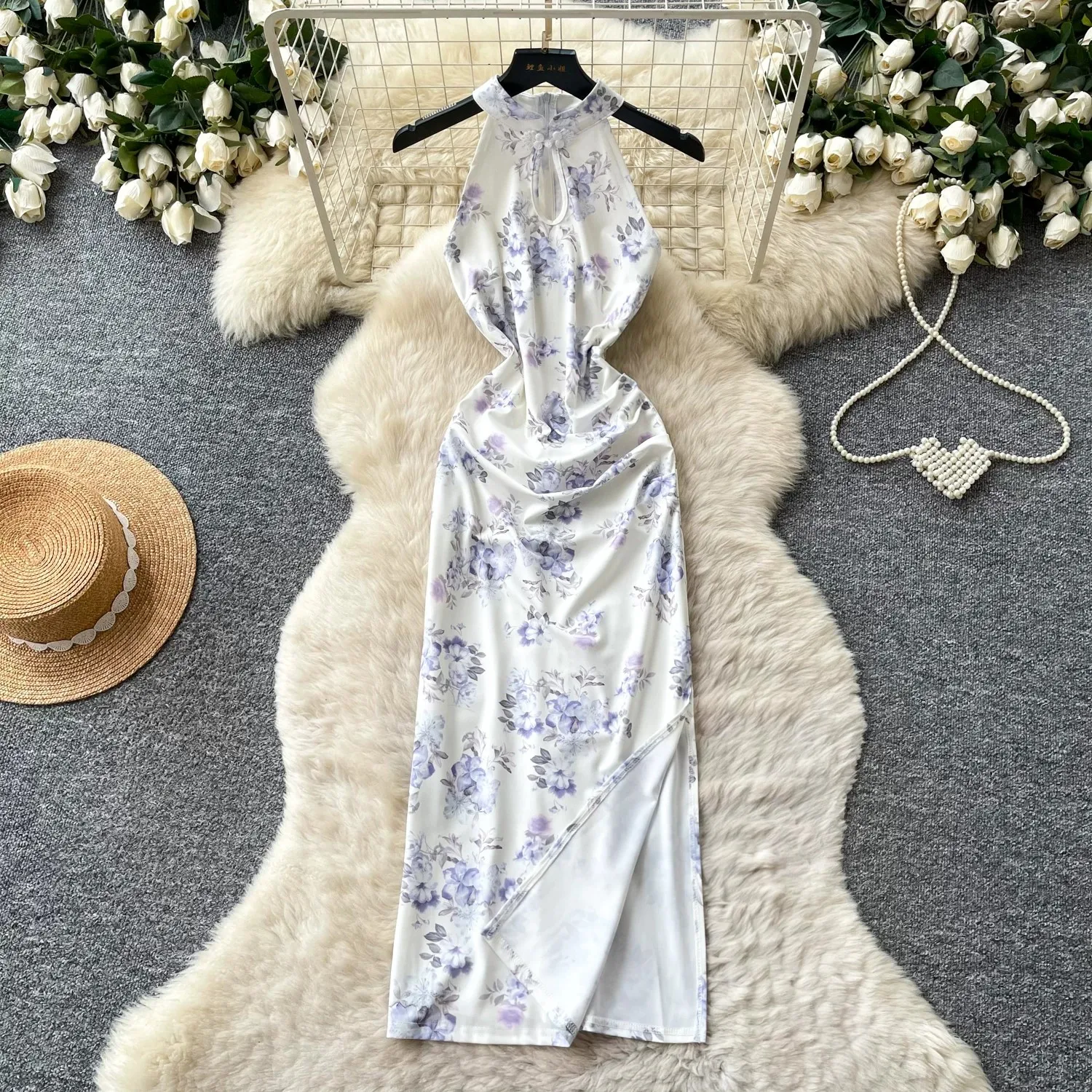New Chinese Style Elegant Halter Neck Sleeveless Printed Elegant Dress for Women Summer Slim Slit Long Skirt