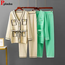 Chic Design Knitted 2 Piece Sets Women Knit Single Breasted Sweater Pullover Tops Conjuntos High Waist Straight Pants Outfit New