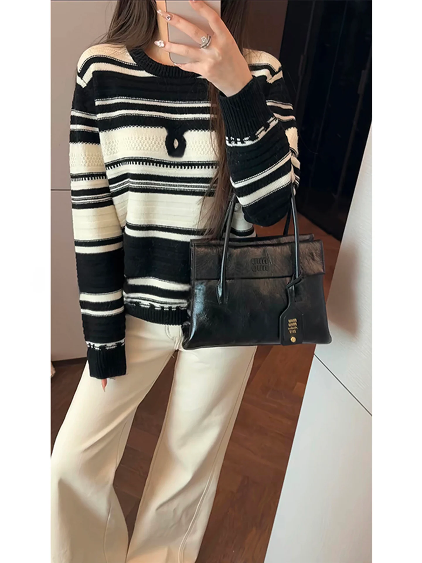 

Роскошный женский свитер из 100% шерсти, вязаный, зимний, новый дизайн, в полоску, повседневный, свободного кроя, с длинными рукавами