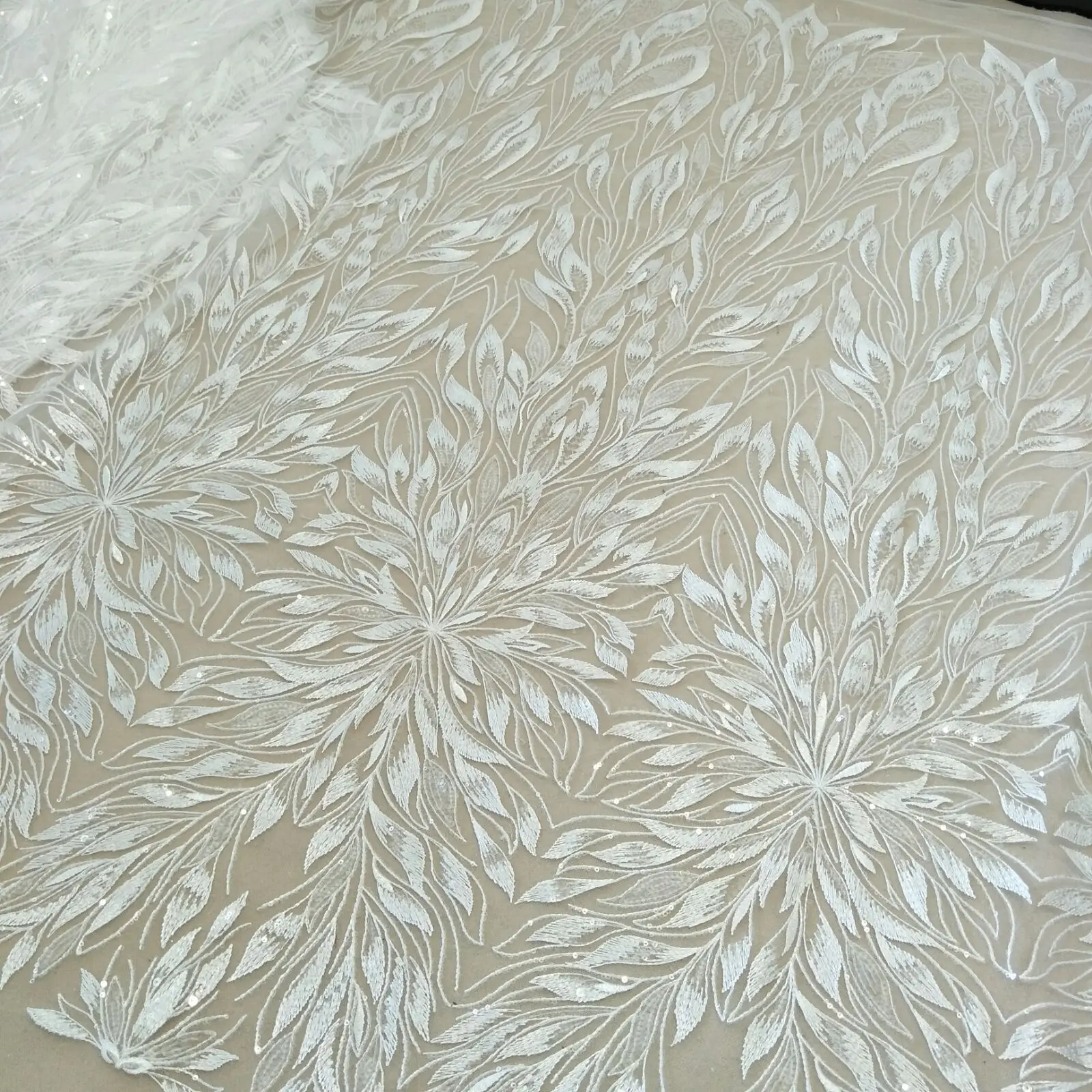 2024 the lastest  leafs Lace diy Lace with sequin wedding dress fabric Lace width 130cm sold by yard