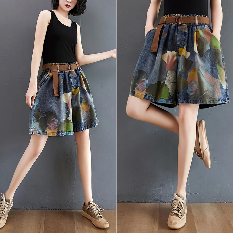 9021 Vintage Printing Denim Shorts for Women Summer Fashion Elastic Waist Loose Casual A-line Comfortable Half Length Pants