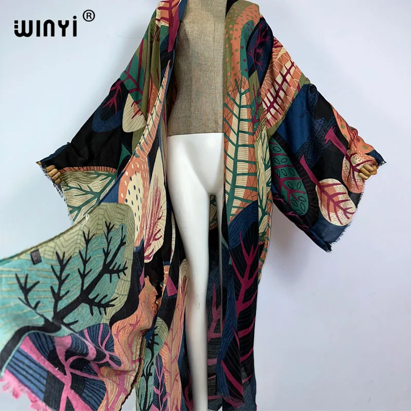 WINYI kimono boho print beach cover-up Elegant coat sexy Africa coat beach outfits for women Perspective cardigan beachwear