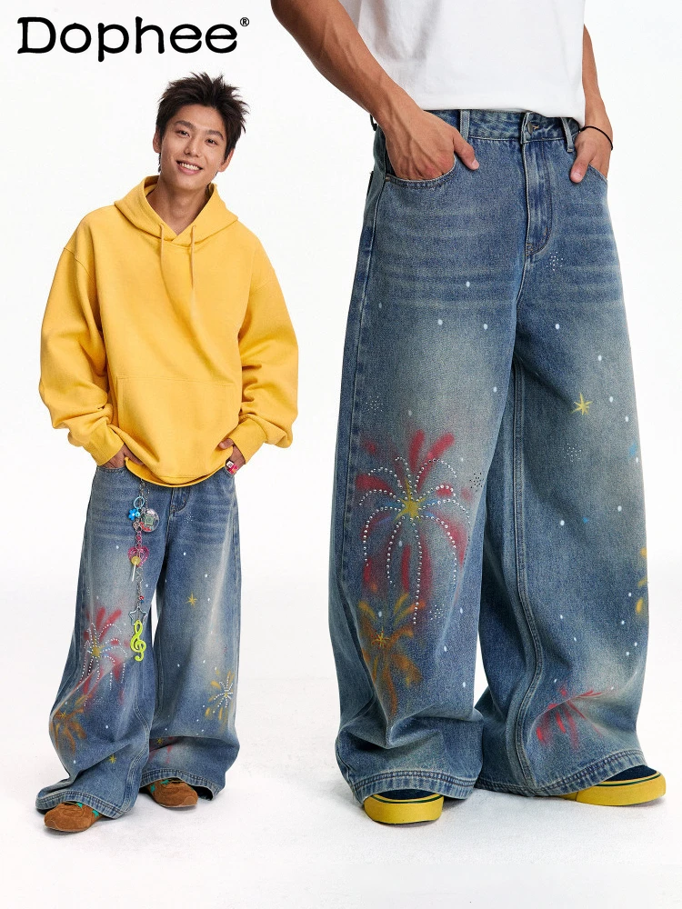 

Fashion Printed Hot Diamond Loose Jeans Men's Women's 2026 Spring Zipper Colorful Denim Trousers Trendy High Street Denim Pants