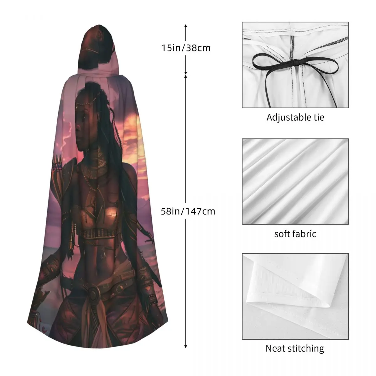 Ashanti Empire Warrior의 Letricia 여왕 긴 후드 망토 마녀 중세 의상 코스프레 케이프 HalloweenCoat 성인 유니섹스
