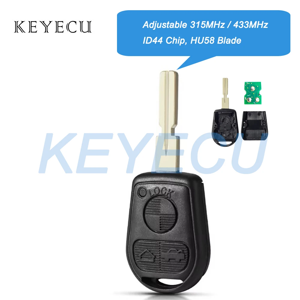 Keyecu Remote Key Fob 3 Buttons ID44 Chip HU58 Blade do BMW E31 E32 E34 E36 E38 E39 E46 Z3 - Regulowana częstotliwość 315MHz 433MHz