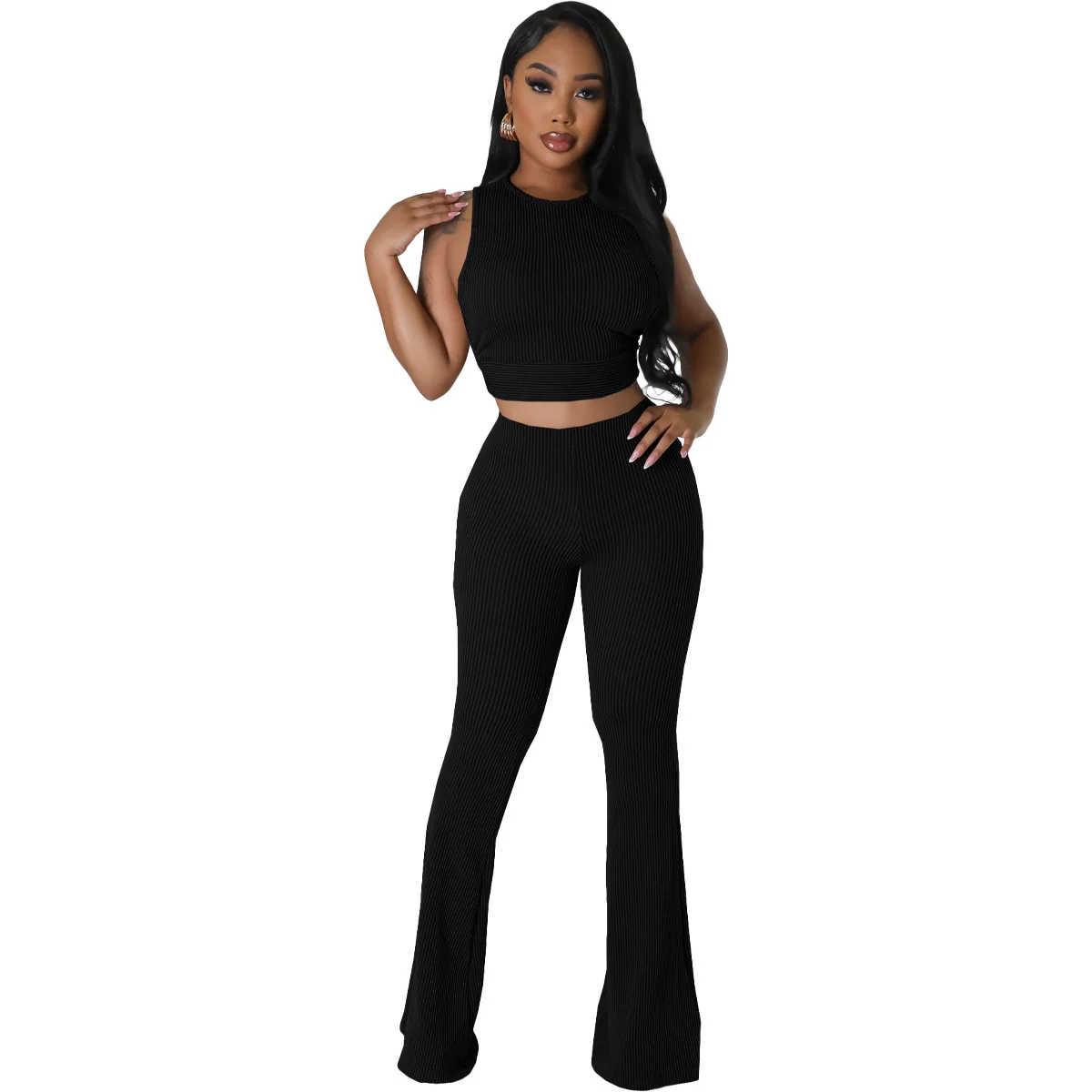 

AOSKM2023 New JP1085 Spring And Summer European And N Ladies Sexy Solid Color Round-Necked Sleeveless Bell-Bottoms Two-Piece