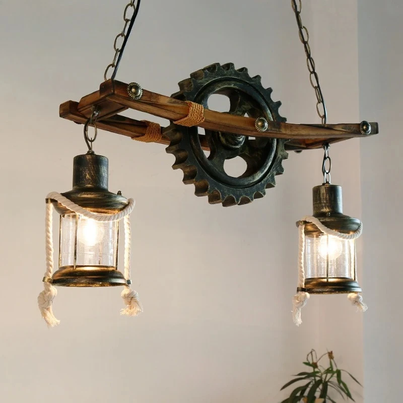 Nordic Vintage Wooden LED Ceiling Pendant Lights Industrial Gear Hanging Lamps Kitchen Living Room Restaurant Hotel Chandelier