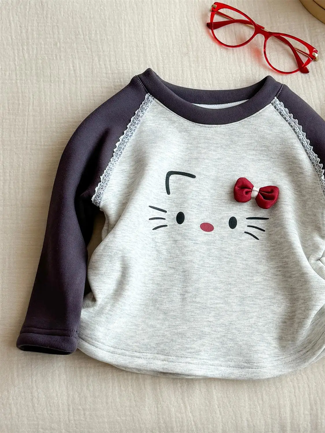 Koreaanse Sle Girls' Base irt Cartoon Patroon Geïntegreerd Fluweel Kleur Blo Sweet Sle Katoen Lang Sve rond Ne