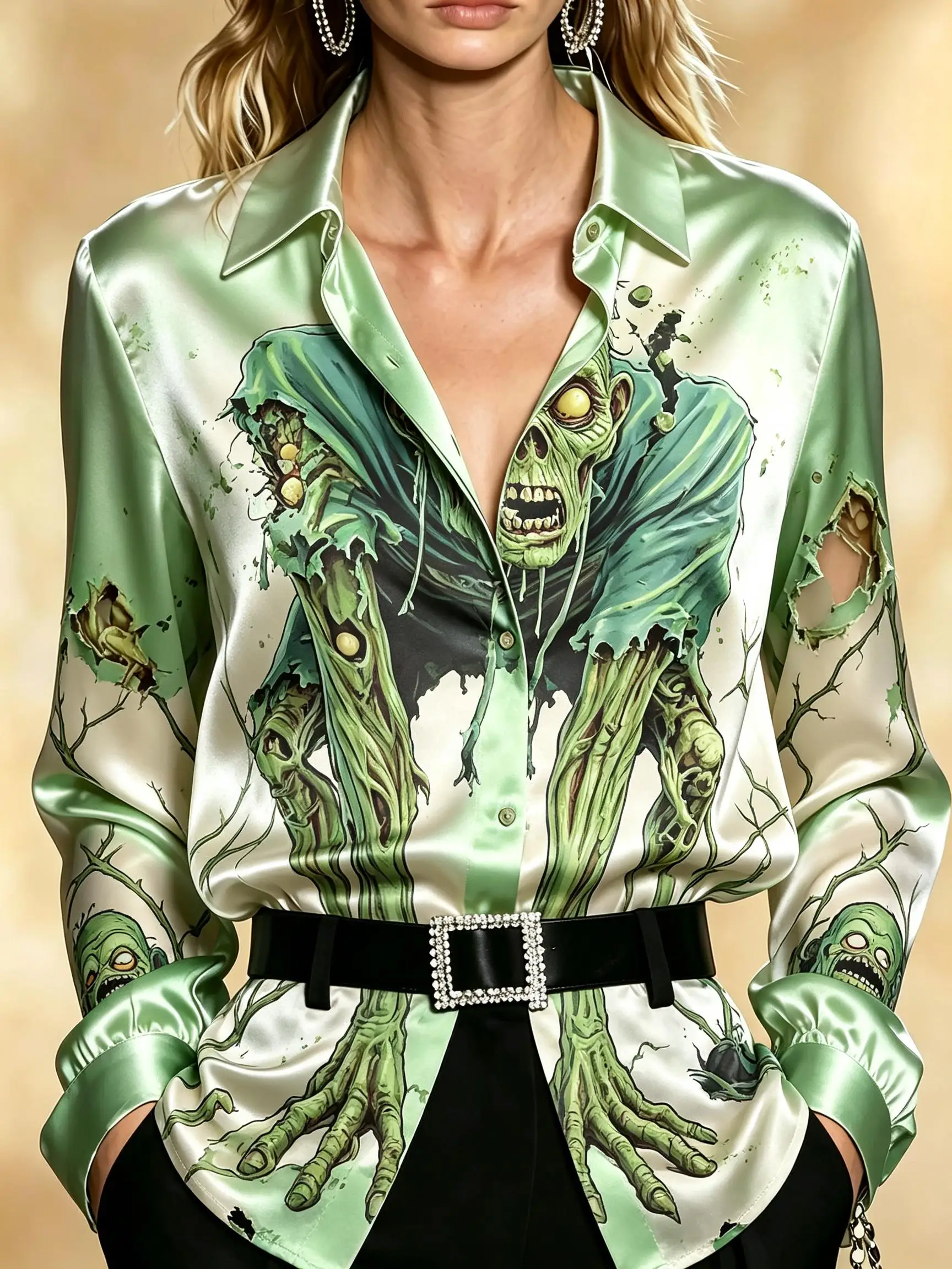 Women Lapel Long Sleeve Button‑Down Satin Shirt Halloween Zombie Monster Graphic Print Contrast Collar Cuff Casual Tops