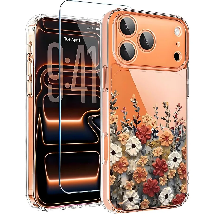 

Прозрачный чехол с милыми цветами и цветочным дизайном для iPhone 17 Pro Max с защитной пленкой для экрана и защитой камеры, тонкий противоударный чехол для телефона C