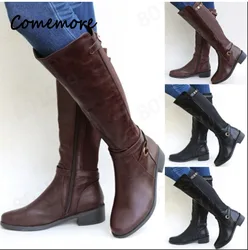 Comemore Women's Buckle Long Knight Boots Female Combat Boots Women Low Heels Shoes Plus Size Women Zip Leather Knee High Boots