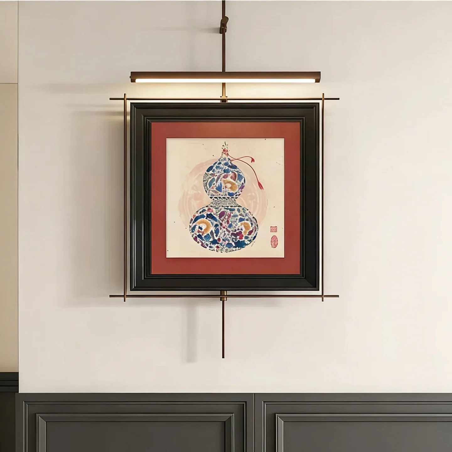Hotel lobby background wall metal frame boom hanging paintings new Chinese style luminous atmosphere mural restaurant high-end