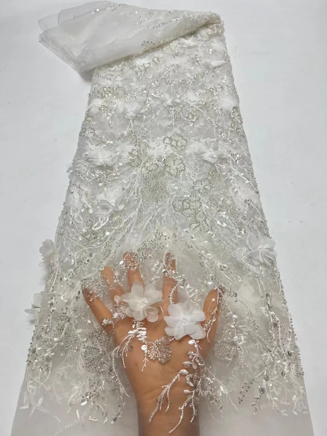 Tecido de renda com miçangas para casamento, flores 3d, africano e francês Net, alta qualidade, 2022