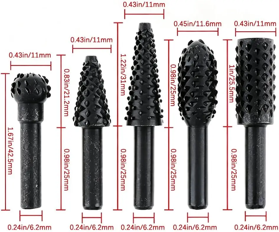 5 Pieces Rotary Burr Set Carving Grinding Rotary File Tools with Specially Shaped Rotating Embossed Grinding Head for Carving