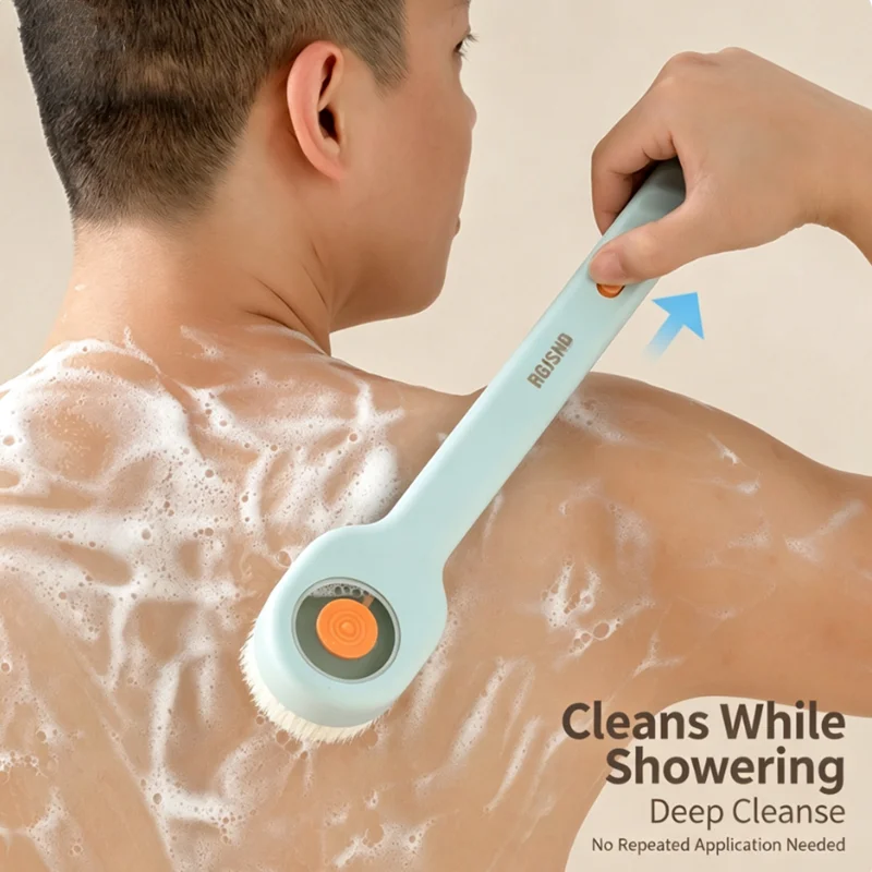 Liquid-filled soft-bristled shower brush with a back massage tool and a long handle, convenient for use during showering