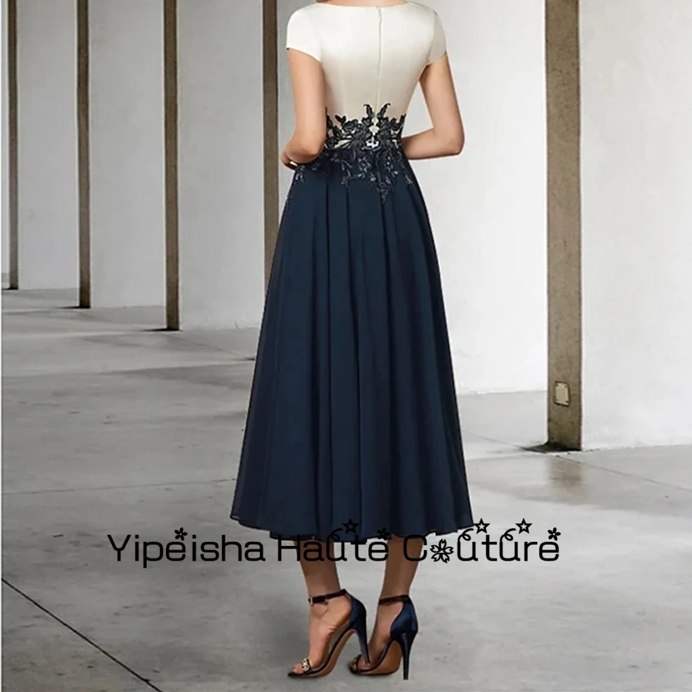 Yipeisha Dark Navy Chiffon abiti da festa di nozze senza spalline manica corta madre di abiti da sposa lunghezza del tè abiti da ballo 2023 estate