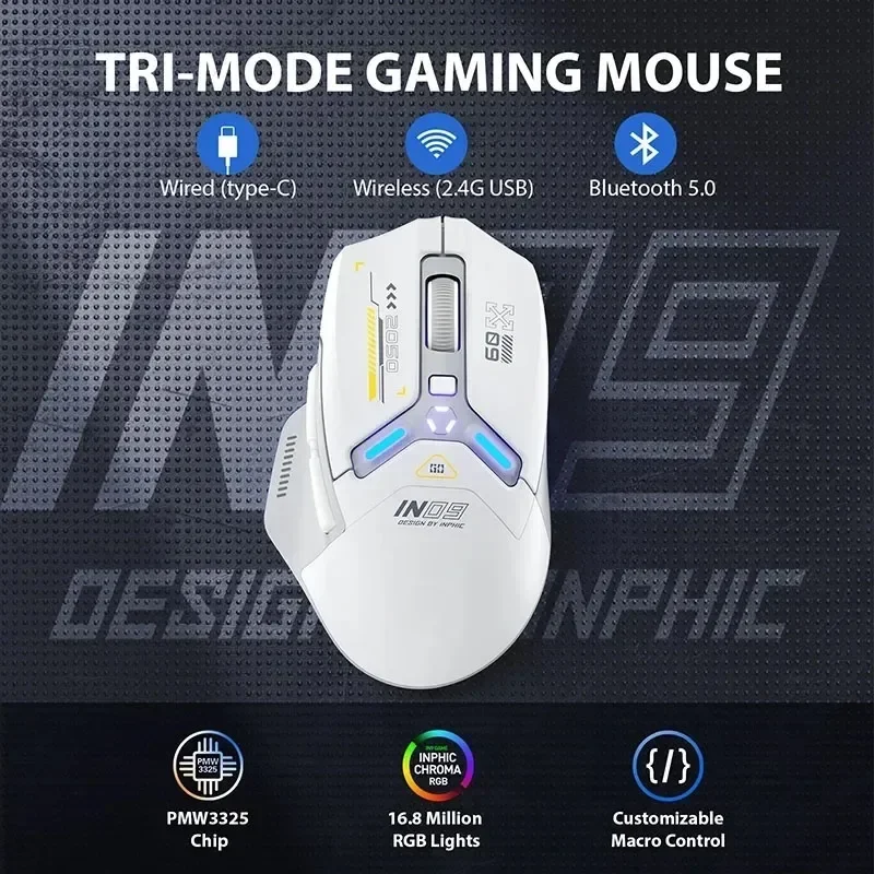 EOENKK IN9 Wireless Bluetooth Gaming Mouse Three-mode Ergonomic Macro RGB PUBG/LOL/CSGO Desktop Notebook Universal 10000DPI