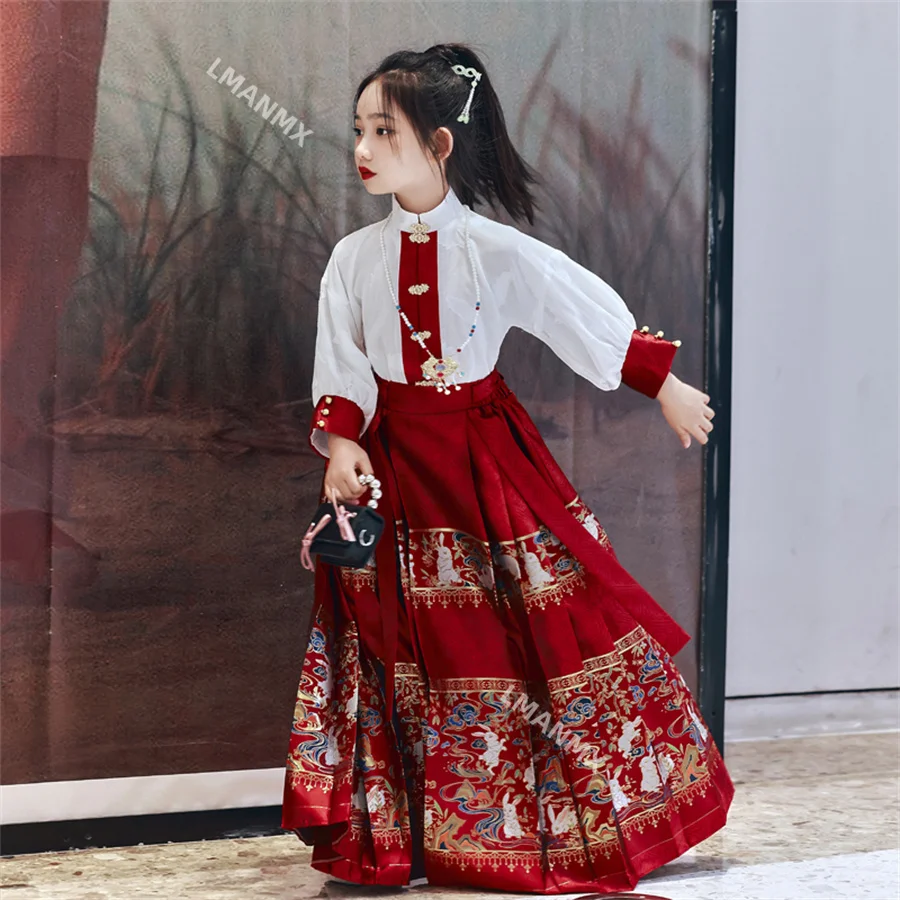 2024 NEW Summer Chinese Hanfu Dress For Girls Traditional Embroidery Horse-face Skirt For Kids Princess Hanbok